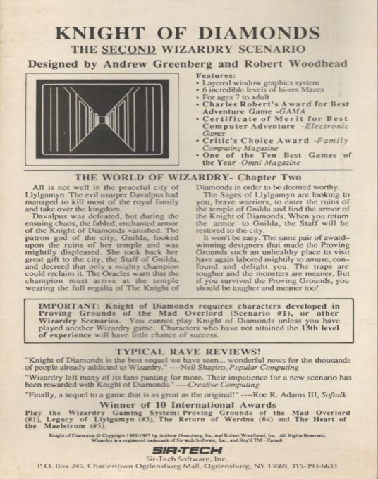 Wizardry : Knight of Diamonds dos