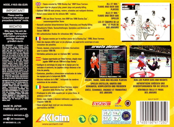 NHL Breakaway 98 - Dos